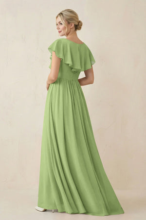Cap Sleeve A-Line Ruffled Chiffon Bridesmaid Dress in Matcha - SHE IS ME BRIDESMAID DRESSES
