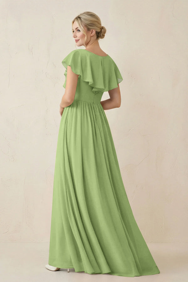 Cap Sleeve A-Line Ruffled Chiffon Bridesmaid Dress in Matcha - SHE IS ME BRIDESMAID DRESSES