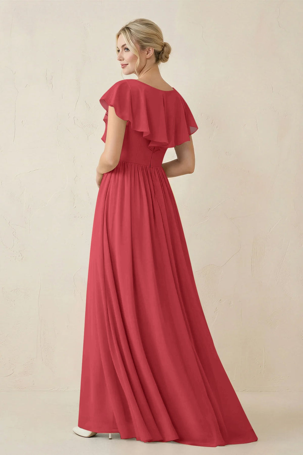 Cap Sleeve A-Line Ruffled Chiffon Bridesmaid Dress in Merlot - KISS BRIDAL BRIDESMAID DRESSES