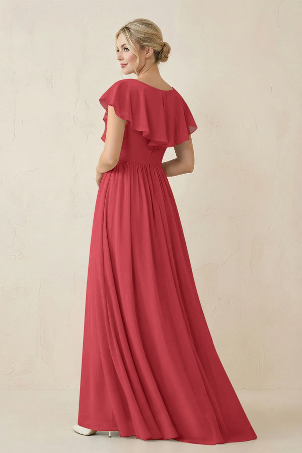 Cap Sleeve A-Line Ruffled Chiffon Bridesmaid Dress in Merlot - SHE IS ME BRIDESMAID DRESSES