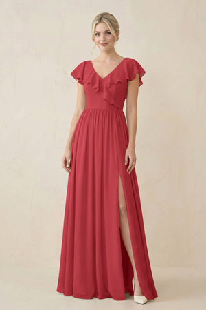 Cap Sleeve A-Line Ruffled Chiffon Bridesmaid Dress in Merlot - SHE IS ME BRIDESMAID DRESSES