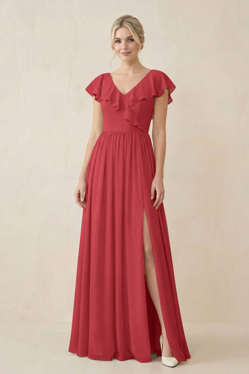 Cap Sleeve A-Line Ruffled Chiffon Bridesmaid Dress in Merlot - SHE IS ME BRIDESMAID DRESSES