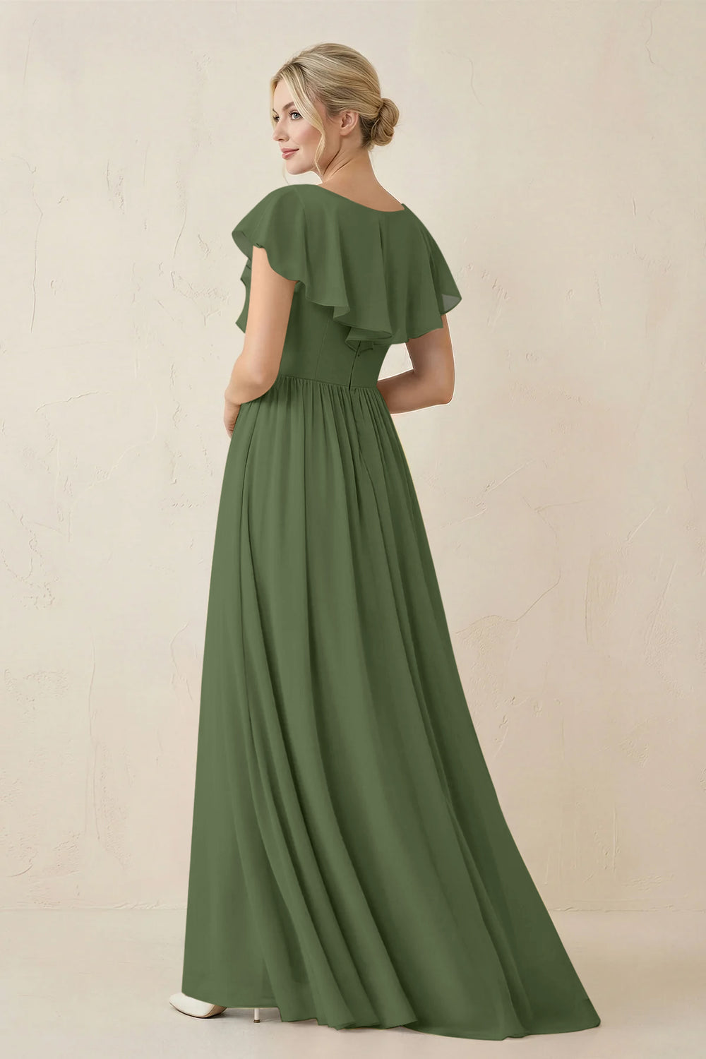 Cap Sleeve A-Line Ruffled Chiffon Bridesmaid Dress in Moss