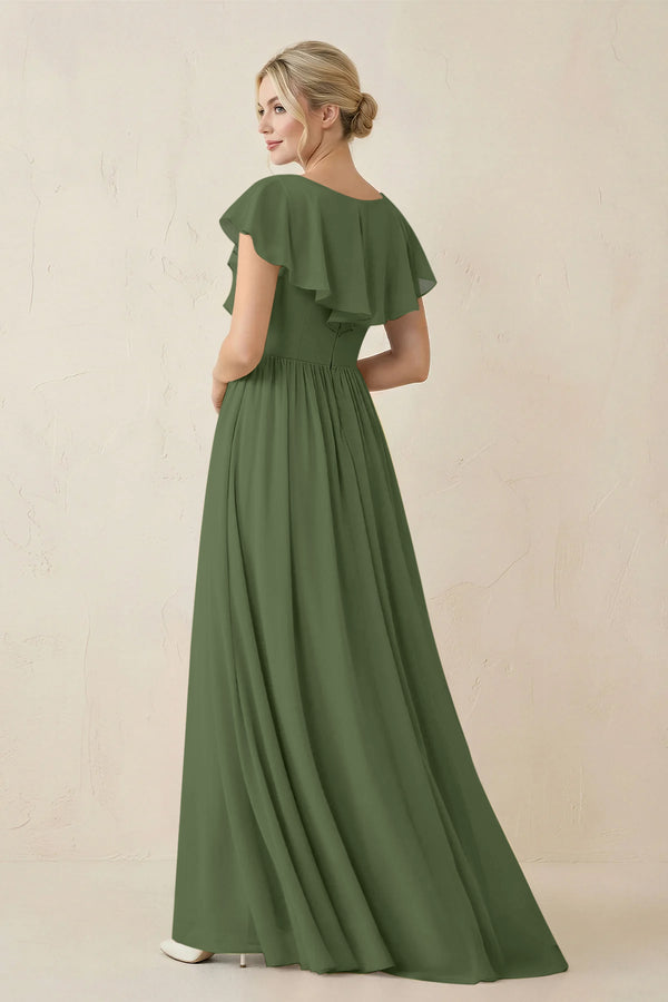 Cap Sleeve A-Line Ruffled Chiffon Bridesmaid Dress in Moss (2) | KISSBRIDAL