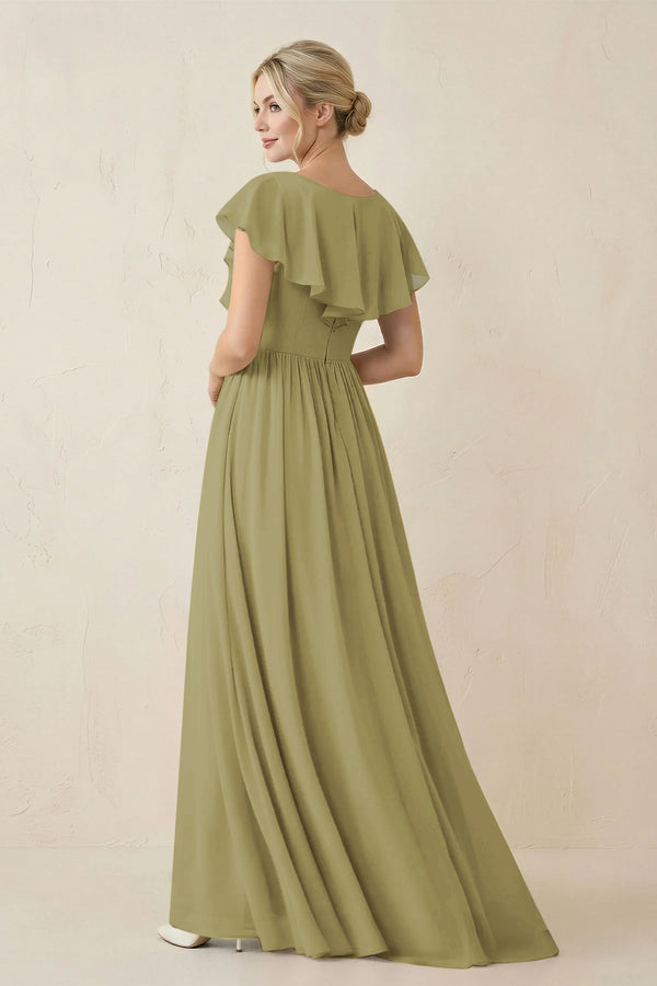 Cap Sleeve A-Line Ruffled Chiffon Bridesmaid Dress in Moss Green (2) | KISSBRIDAL