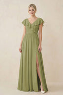 Cap Sleeve A-Line Ruffled Chiffon Bridesmaid Dress in Moss Green - SHE IS ME BRIDESMAID DRESSES