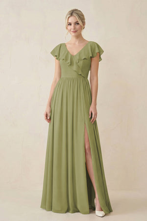 Cap Sleeve A-Line Ruffled Chiffon Bridesmaid Dress in Moss Green - SHE IS ME BRIDESMAID DRESSES