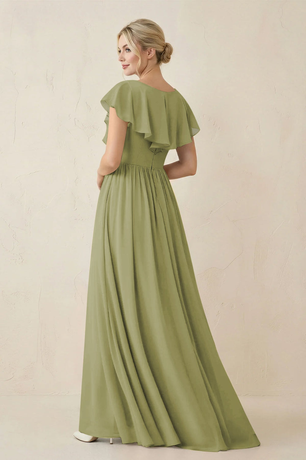 Cap Sleeve A-Line Ruffled Chiffon Bridesmaid Dress in Moss Green - KISS BRIDAL BRIDESMAID DRESSES