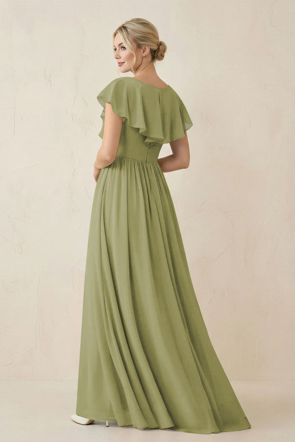 Cap Sleeve A-Line Ruffled Chiffon Bridesmaid Dress in Moss Green - SHE IS ME BRIDESMAID DRESSES