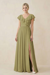 Cap Sleeve A-Line Ruffled Chiffon Bridesmaid Dress in Moss Green | KISSBRIDAL
