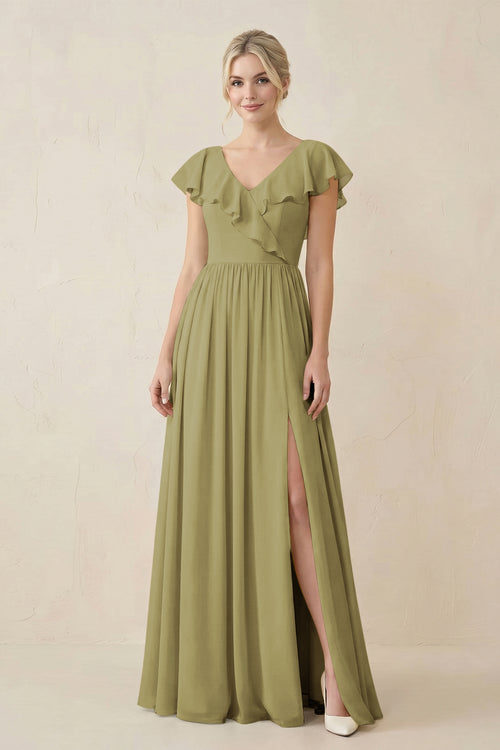 Cap Sleeve A-Line Ruffled Chiffon Bridesmaid Dress in Moss Green | KISSBRIDAL