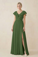 Cap Sleeve A-Line Ruffled Chiffon Bridesmaid Dress in Moss - SHE IS ME BRIDESMAID DRESSES