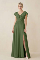 Cap Sleeve A-Line Ruffled Chiffon Bridesmaid Dress in Moss | KISSBRIDAL