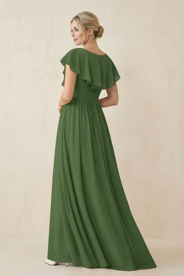 Cap Sleeve A-Line Ruffled Chiffon Bridesmaid Dress in Moss - SHE IS ME BRIDESMAID DRESSES
