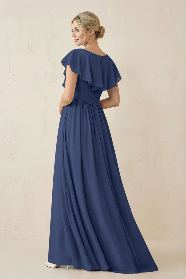 Cap Sleeve A-Line Ruffled Chiffon Bridesmaid Dress in Navy - SHE IS ME BRIDESMAID DRESSES
