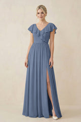 Cap Sleeve A-Line Ruffled Chiffon Bridesmaid Dress in Neptune - KISS BRIDAL BRIDESMAID DRESSES