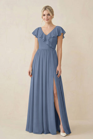 Cap Sleeve A-Line Ruffled Chiffon Bridesmaid Dress in Neptune - SHE IS ME BRIDESMAID DRESSES
