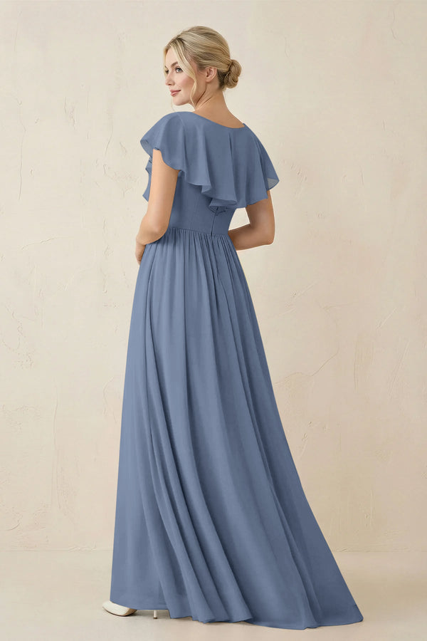 Cap Sleeve A-Line Ruffled Chiffon Bridesmaid Dress in Neptune - SHE IS ME BRIDESMAID DRESSES