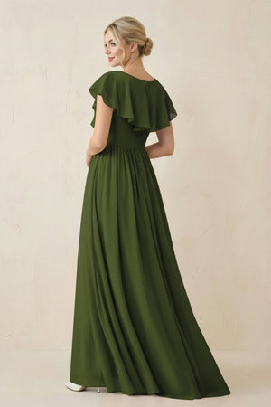 Cap Sleeve A-Line Ruffled Chiffon Bridesmaid Dress in Olive - SHE IS ME BRIDESMAID DRESSES