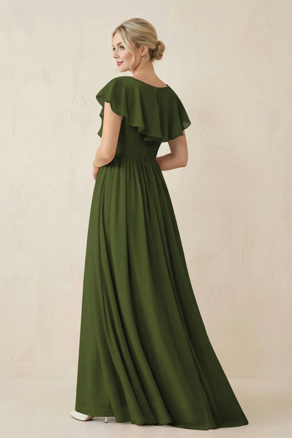 Cap Sleeve A-Line Ruffled Chiffon Bridesmaid Dress in Olive - SHE IS ME BRIDESMAID DRESSES