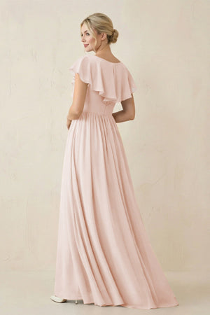 Cap Sleeve A-Line Ruffled Chiffon Bridesmaid Dress in Pale Blush