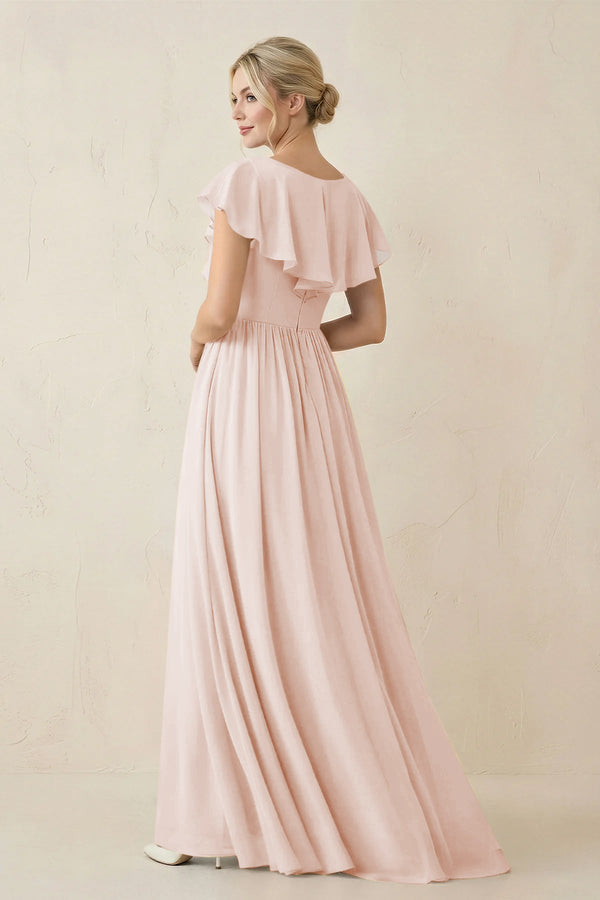 Cap Sleeve A-Line Ruffled Chiffon Bridesmaid Dress in Pale Blush