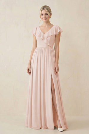 Cap Sleeve A-Line Ruffled Chiffon Bridesmaid Dress in Pale Blush - SHE IS ME BRIDESMAID DRESSES