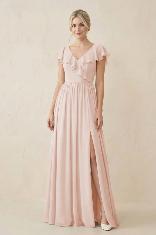 Cap Sleeve A-Line Ruffled Chiffon Bridesmaid Dress in Pale Blush - SHE IS ME BRIDESMAID DRESSES