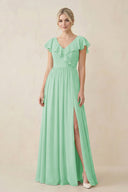 Cap Sleeve A - Line Ruffled Chiffon Bridesmaid Dress in Pale Pistachio - SHE IS ME Bridesmaid Dresses