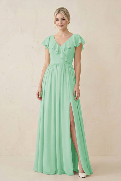 Cap Sleeve A - Line Ruffled Chiffon Bridesmaid Dress in Pale Pistachio - SHE IS ME Bridesmaid Dresses