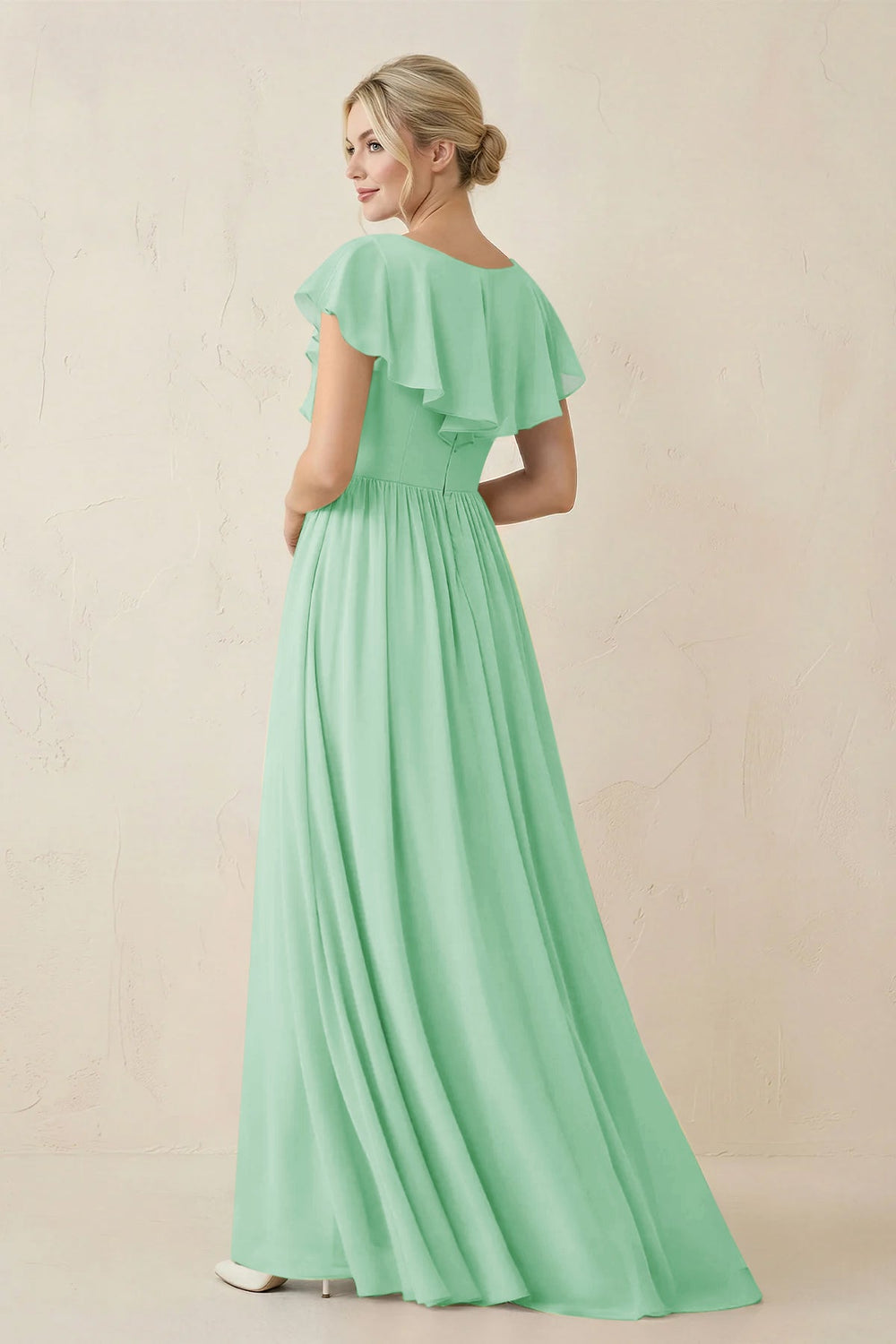 Cap Sleeve A - Line Ruffled Chiffon Bridesmaid Dress in Pale Pistachio - KISS BRIDAL Bridesmaid Dresses