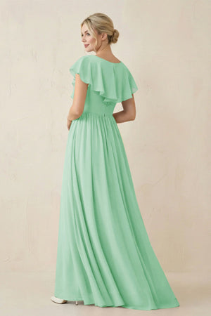 Cap Sleeve A - Line Ruffled Chiffon Bridesmaid Dress in Pale Pistachio - SHE IS ME Bridesmaid Dresses