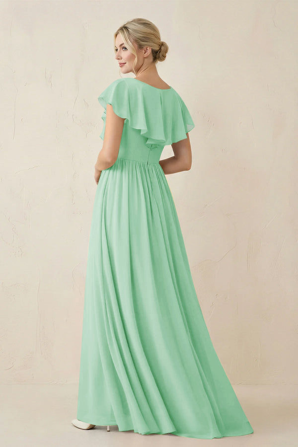 Cap Sleeve A - Line Ruffled Chiffon Bridesmaid Dress in Pale Pistachio - SHE IS ME Bridesmaid Dresses