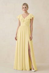 Cap Sleeve A-Line Ruffled Chiffon Bridesmaid Dress in Pastel Yellow - SHE IS ME BRIDESMAID DRESSES