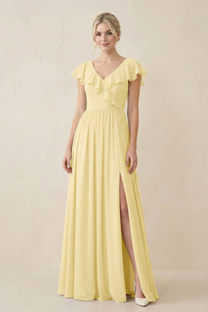 Cap Sleeve A-Line Ruffled Chiffon Bridesmaid Dress in Pastel Yellow - SHE IS ME BRIDESMAID DRESSES