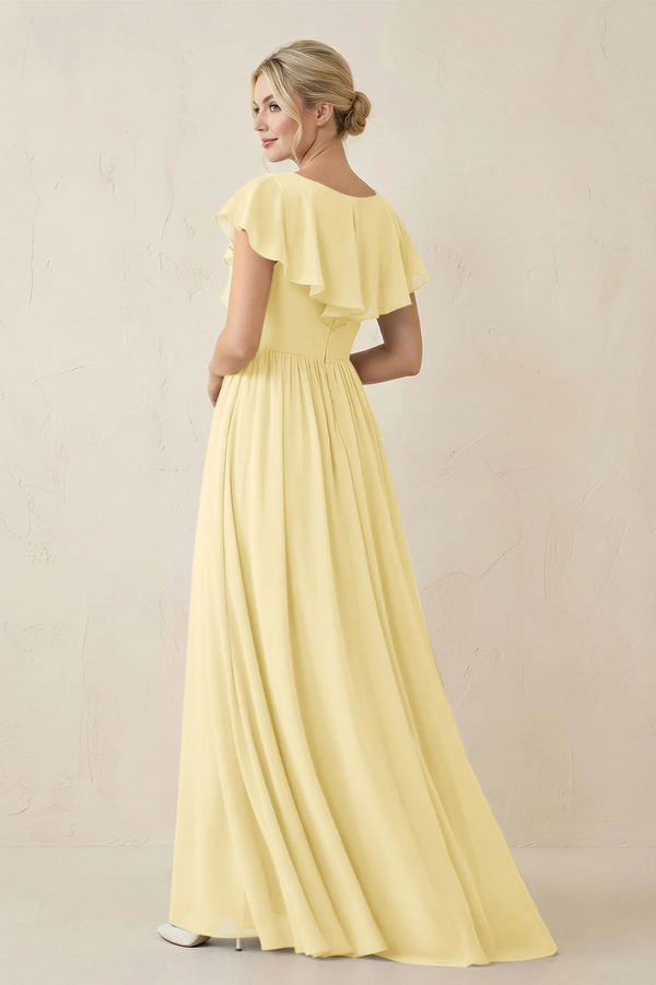 Cap Sleeve A-Line Ruffled Chiffon Bridesmaid Dress in Pastel Yellow - SHE IS ME BRIDESMAID DRESSES