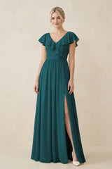 Cap Sleeve A-Line Ruffled Chiffon Bridesmaid Dress in Pine - KISS BRIDAL BRIDESMAID DRESSES