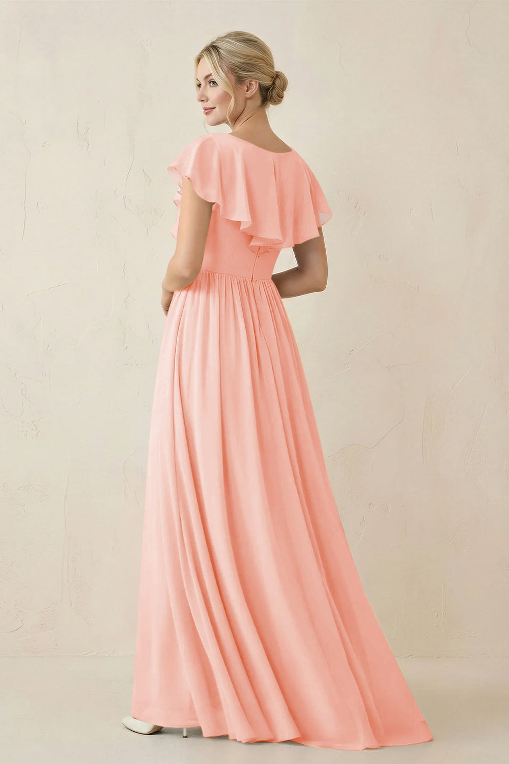 Cap Sleeve A-Line Ruffled Chiffon Bridesmaid Dress in Rose Petal - KISS BRIDAL BRIDESMAID DRESSES