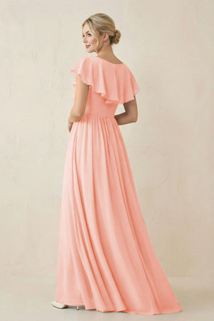 Cap Sleeve A-Line Ruffled Chiffon Bridesmaid Dress in Rose Petal - SHE IS ME BRIDESMAID DRESSES