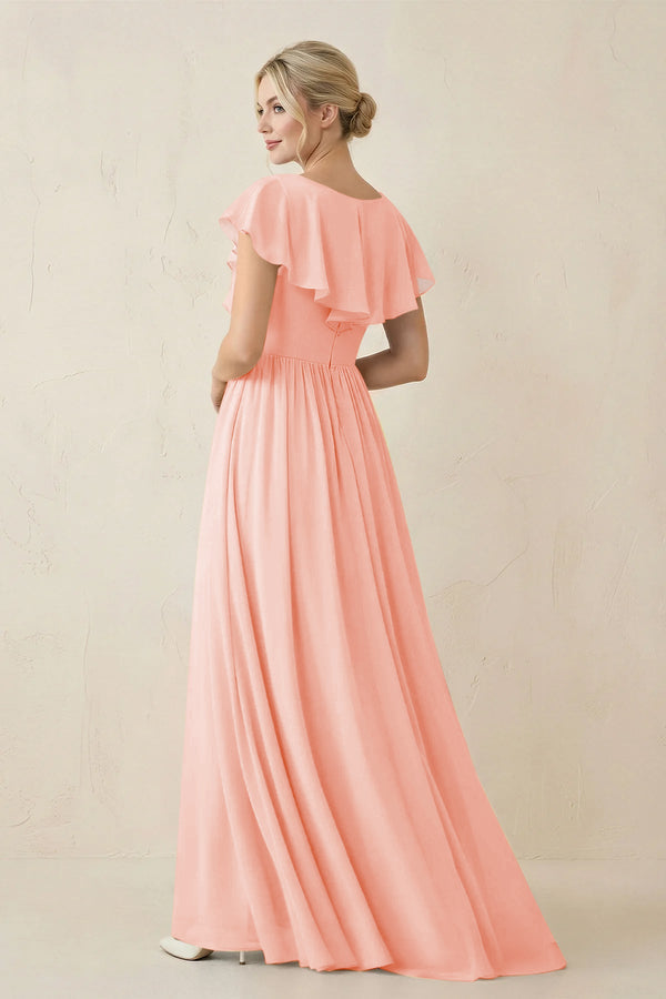 Cap Sleeve A-Line Ruffled Chiffon Bridesmaid Dress in Rose Petal - SHE IS ME BRIDESMAID DRESSES