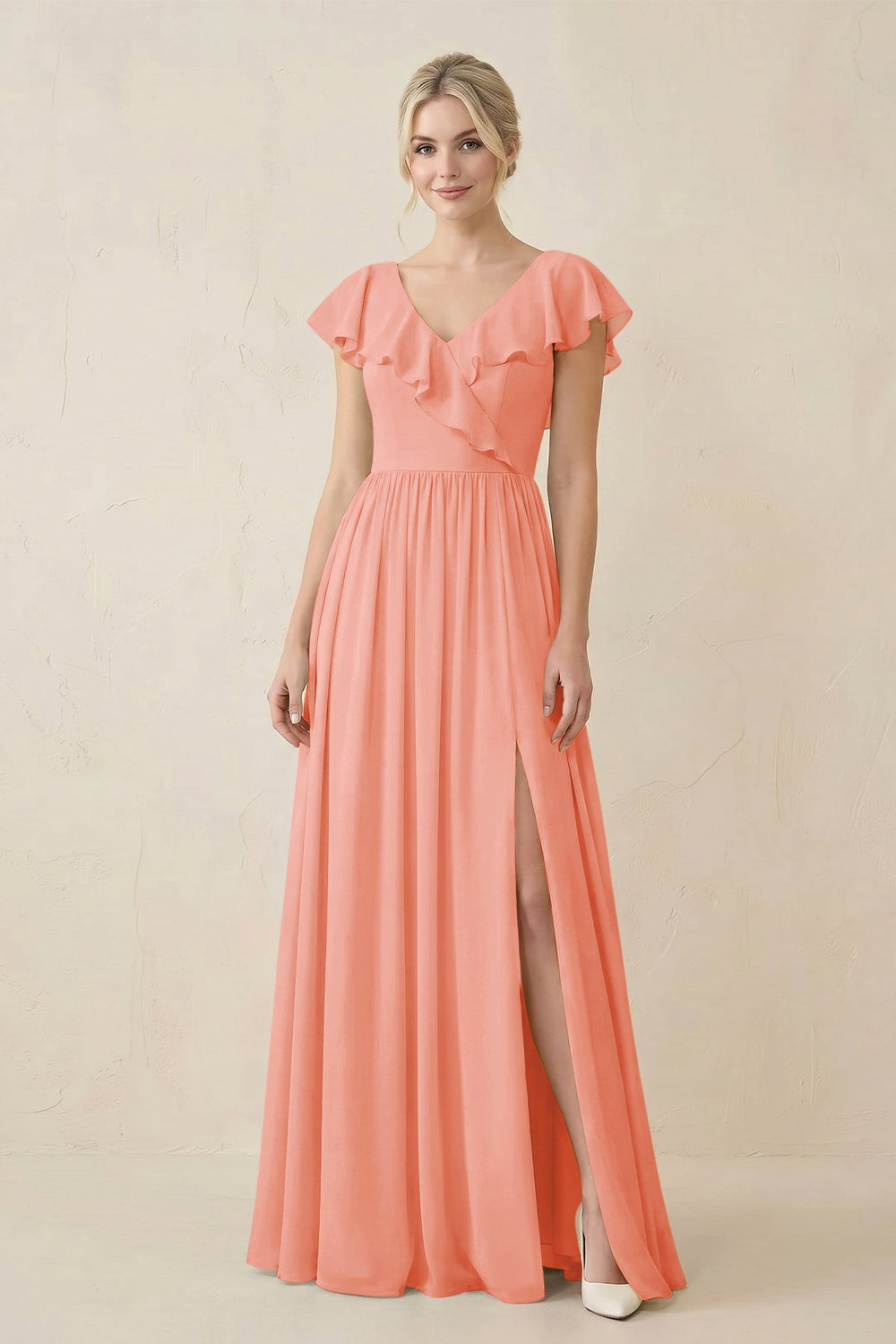 Cap Sleeve A-Line Ruffled Chiffon Bridesmaid Dress in Rosette - KISS BRIDAL BRIDESMAID DRESSES