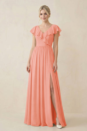 Cap Sleeve A-Line Ruffled Chiffon Bridesmaid Dress in Rosette - SHE IS ME BRIDESMAID DRESSES