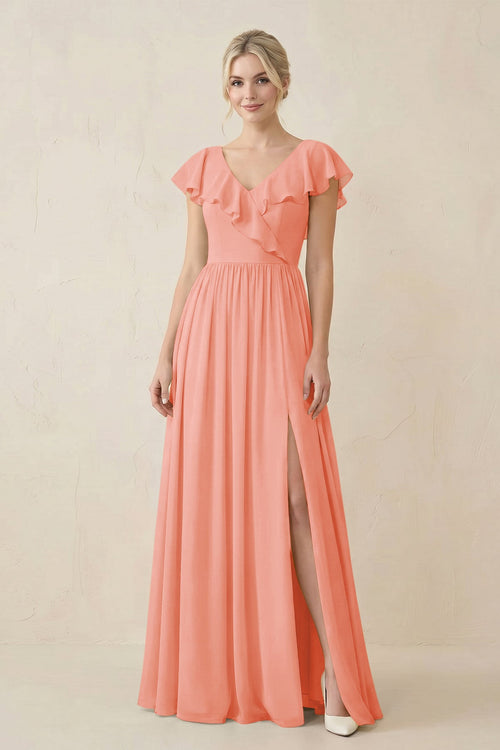 Cap Sleeve A-Line Ruffled Chiffon Bridesmaid Dress in Rosette - SHE IS ME BRIDESMAID DRESSES