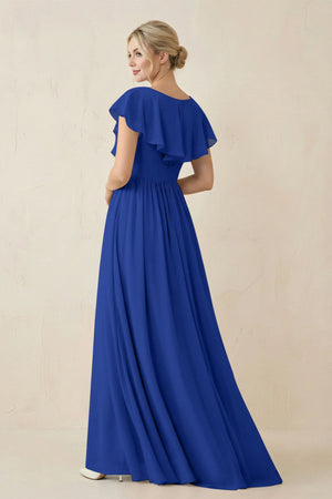 Cap Sleeve A-Line Ruffled Chiffon Bridesmaid Dress in Royal Blue - SHE IS ME BRIDESMAID DRESSES