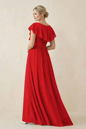 Cap Sleeve A-Line Ruffled Chiffon Bridesmaid Dress in Ruby Red - SHE IS ME BRIDESMAID DRESSES