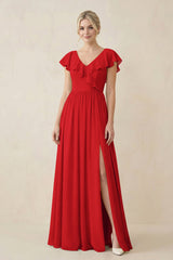 Cap Sleeve A-Line Ruffled Chiffon Bridesmaid Dress in Ruby Red - KISS BRIDAL BRIDESMAID DRESSES
