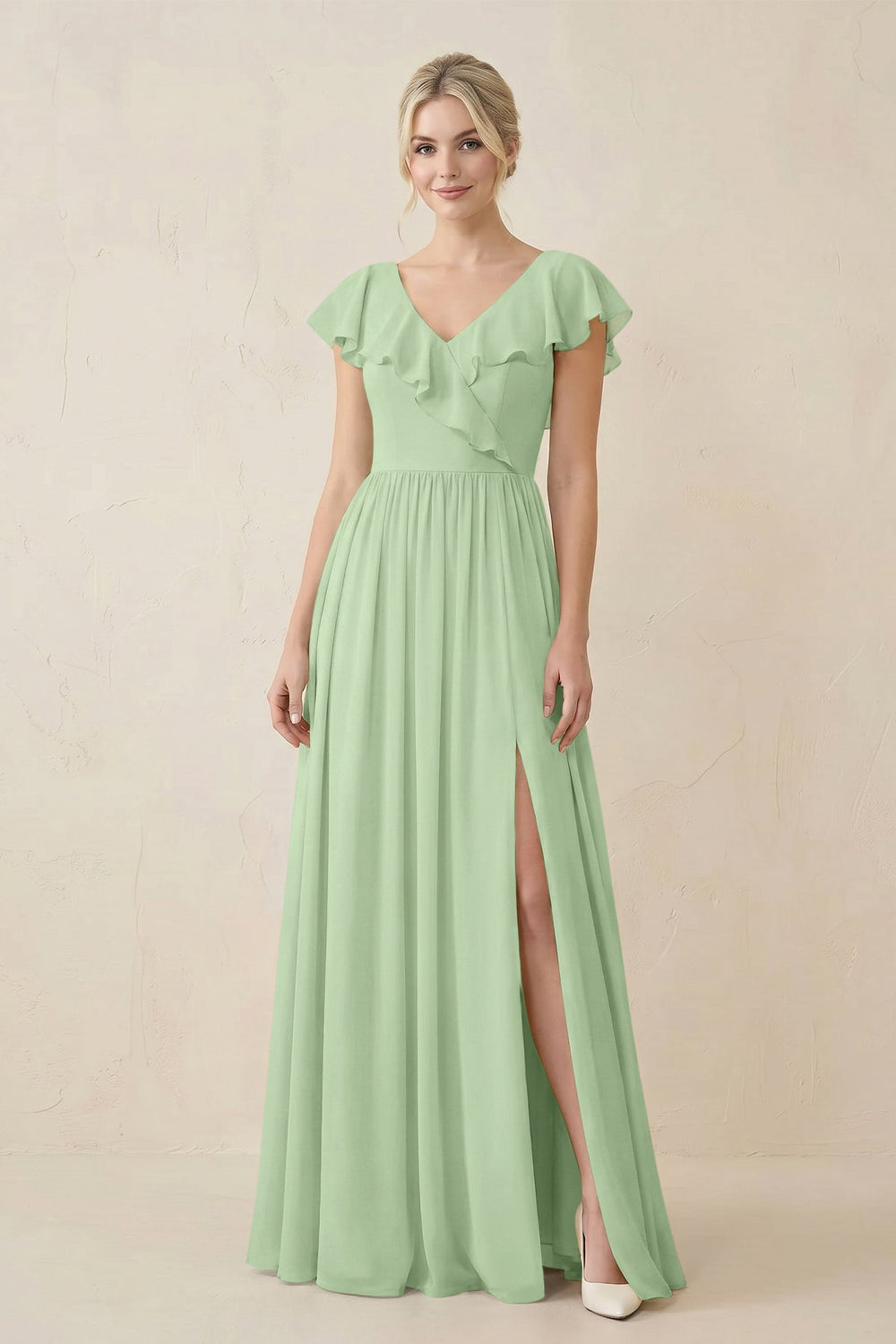 Cap Sleeve A-Line Ruffled Chiffon Bridesmaid Dress in Sage - KISS BRIDAL BRIDESMAID DRESSES
