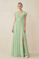 Cap Sleeve A-Line Ruffled Chiffon Bridesmaid Dress in Sage - SHE IS ME BRIDESMAID DRESSES