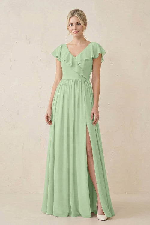 Cap Sleeve A-Line Ruffled Chiffon Bridesmaid Dress in Sage - SHE IS ME BRIDESMAID DRESSES