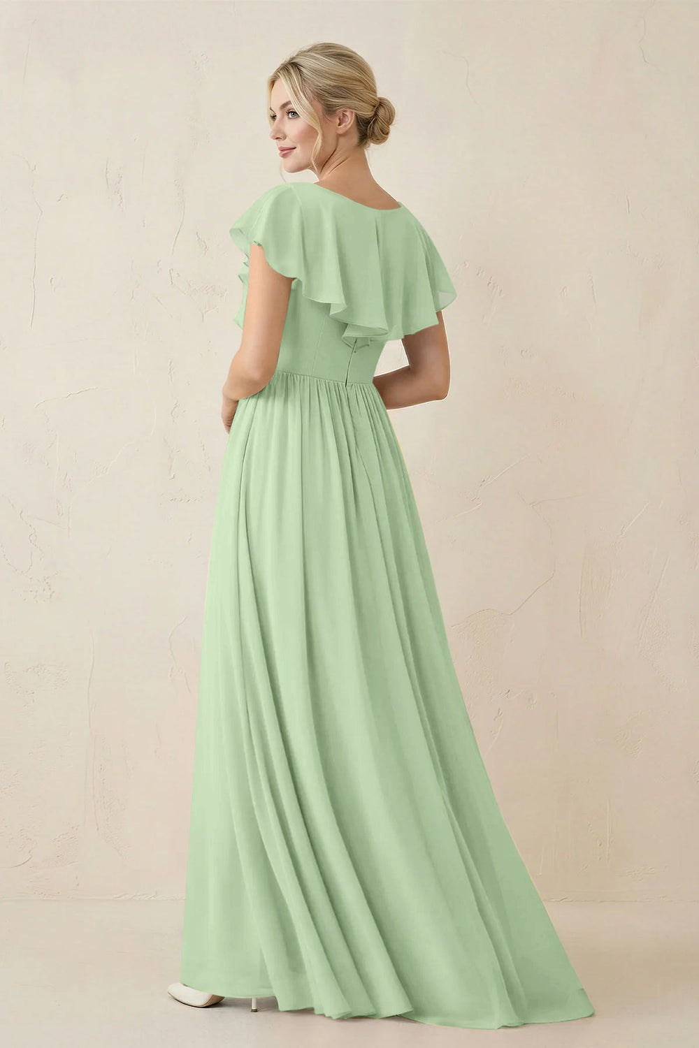 Cap Sleeve A-Line Ruffled Chiffon Bridesmaid Dress in Sage - KISS BRIDAL BRIDESMAID DRESSES
